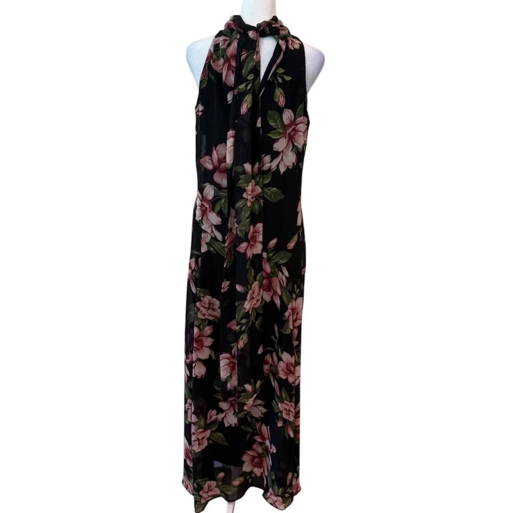Rachel Zoe Black Pink Floral Magnolia High Neck Halter Maxi Dress Med NWOT